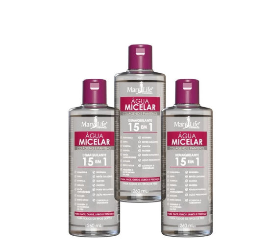 Kit c/ 3 Água Micelar Colágeno e Pantenol Demaquilante 15 em 1 – Mary Life