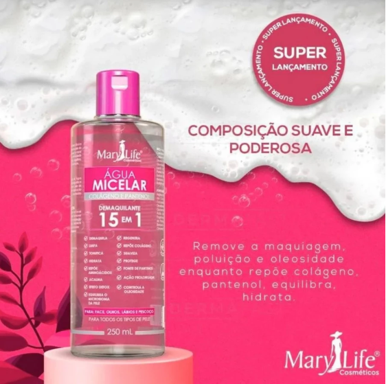 Kit c/ 3 Água Micelar Colágeno e Pantenol Demaquilante 15 em 1 – Mary Life
