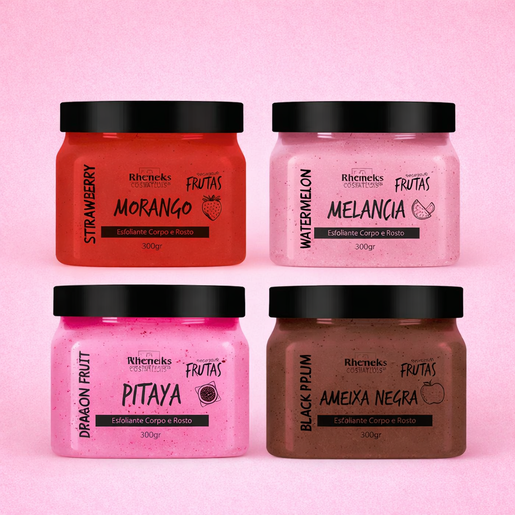 Kit 04 Esfoliante Corpo e Rosto 300g - Morango, melancia, pitaya, ameixa negra