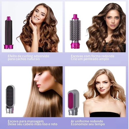 Escova 5 em 1 Secador, Pente, Modelador, Aumenta volume Profissional